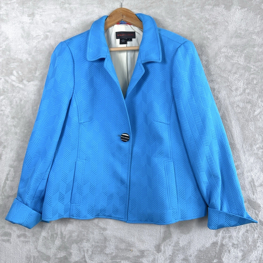 Nina McLemore Bright Blue Chevron Textured Silk Lined Blazer Size 16 Luxury Chic